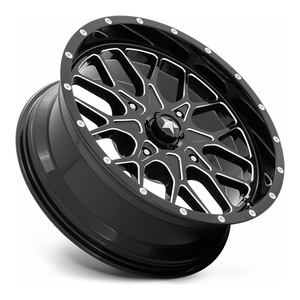 MSA Portal (M45) UTV wheel in gloss black milled, side angle showing the barrel and lip