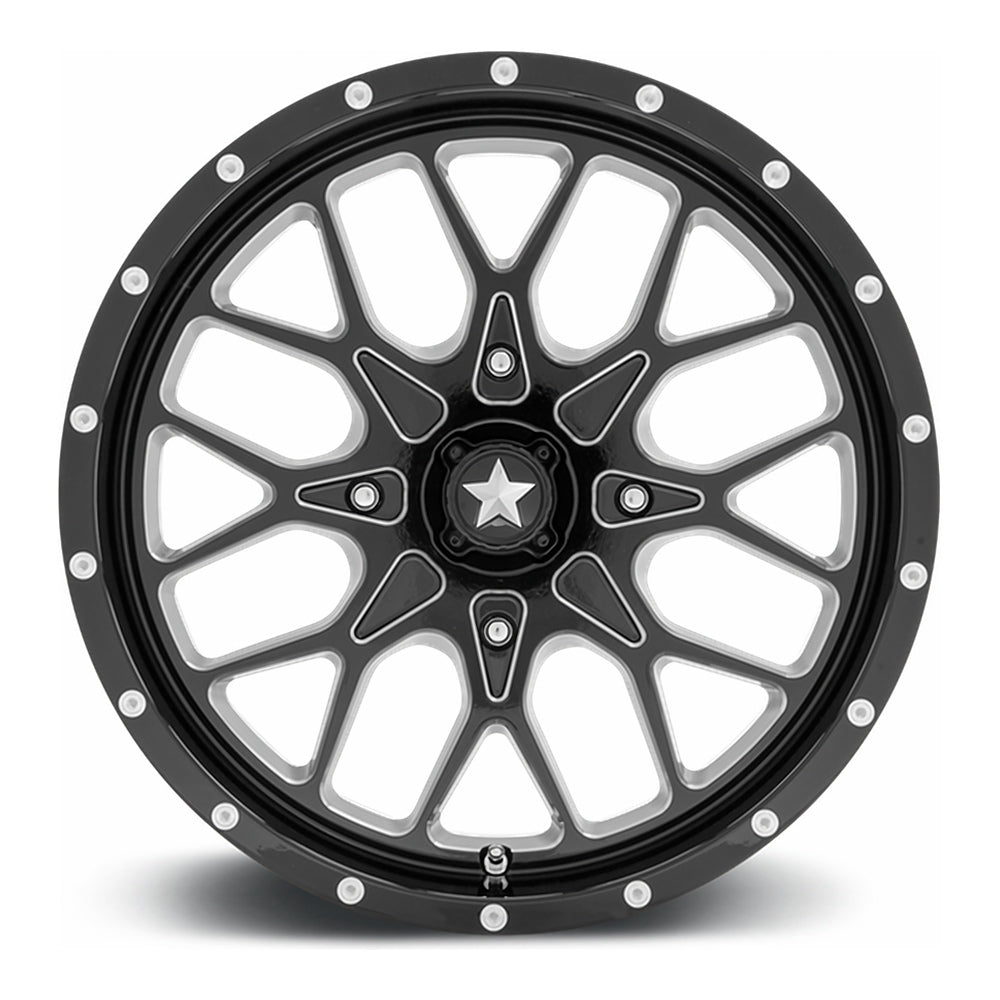 MSA Portal (M45) UTV wheel in gloss black milled, straight-on face view