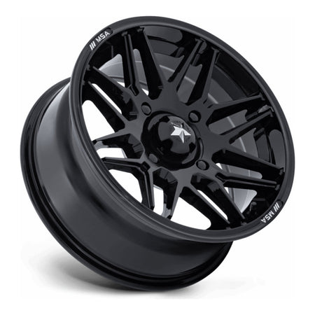 MSA Radar (M52) UTV wheel in gloss black, side angle showing the barrel and lip