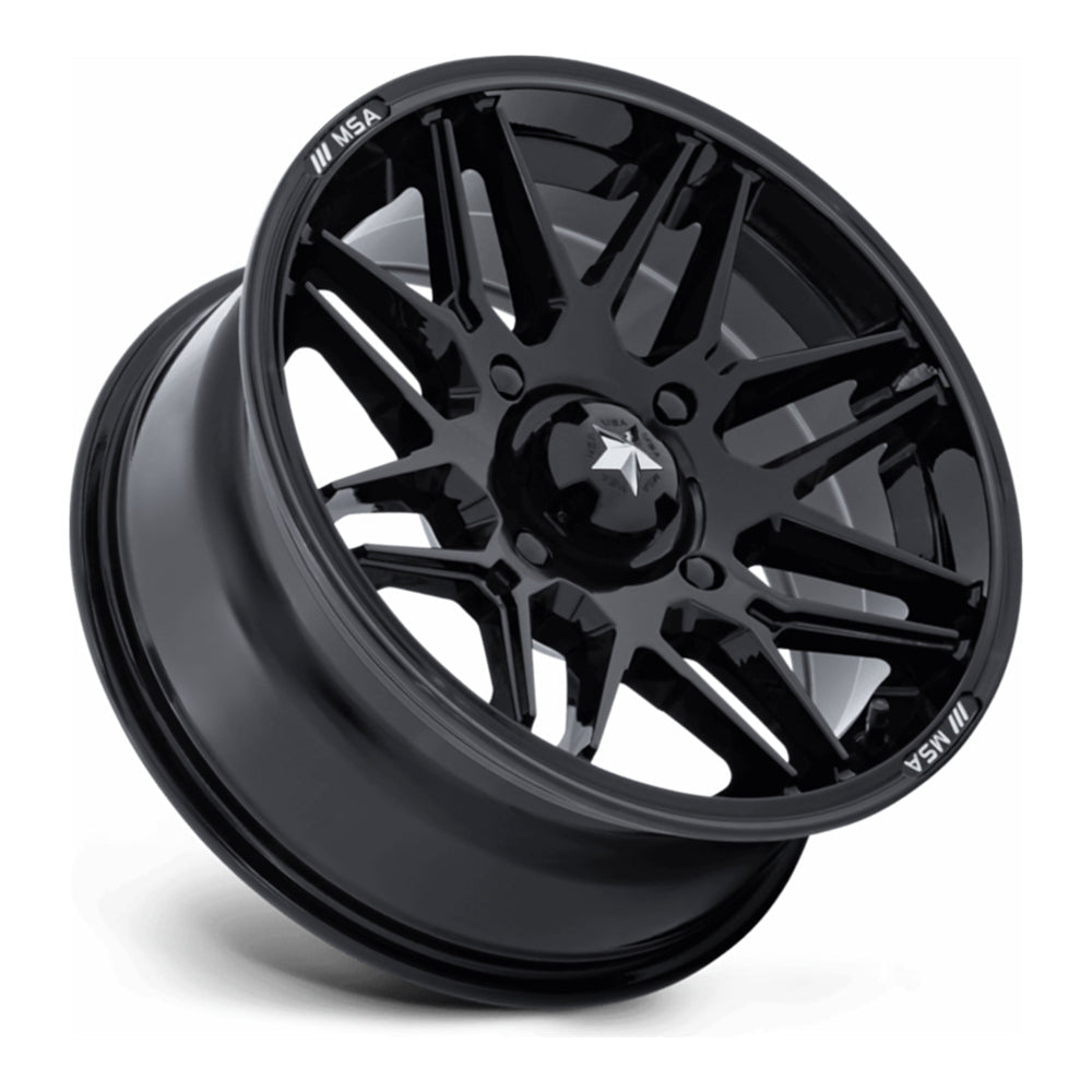 MSA Radar M52 UTV wheel in gloss black, side angle showing the barrel and lip