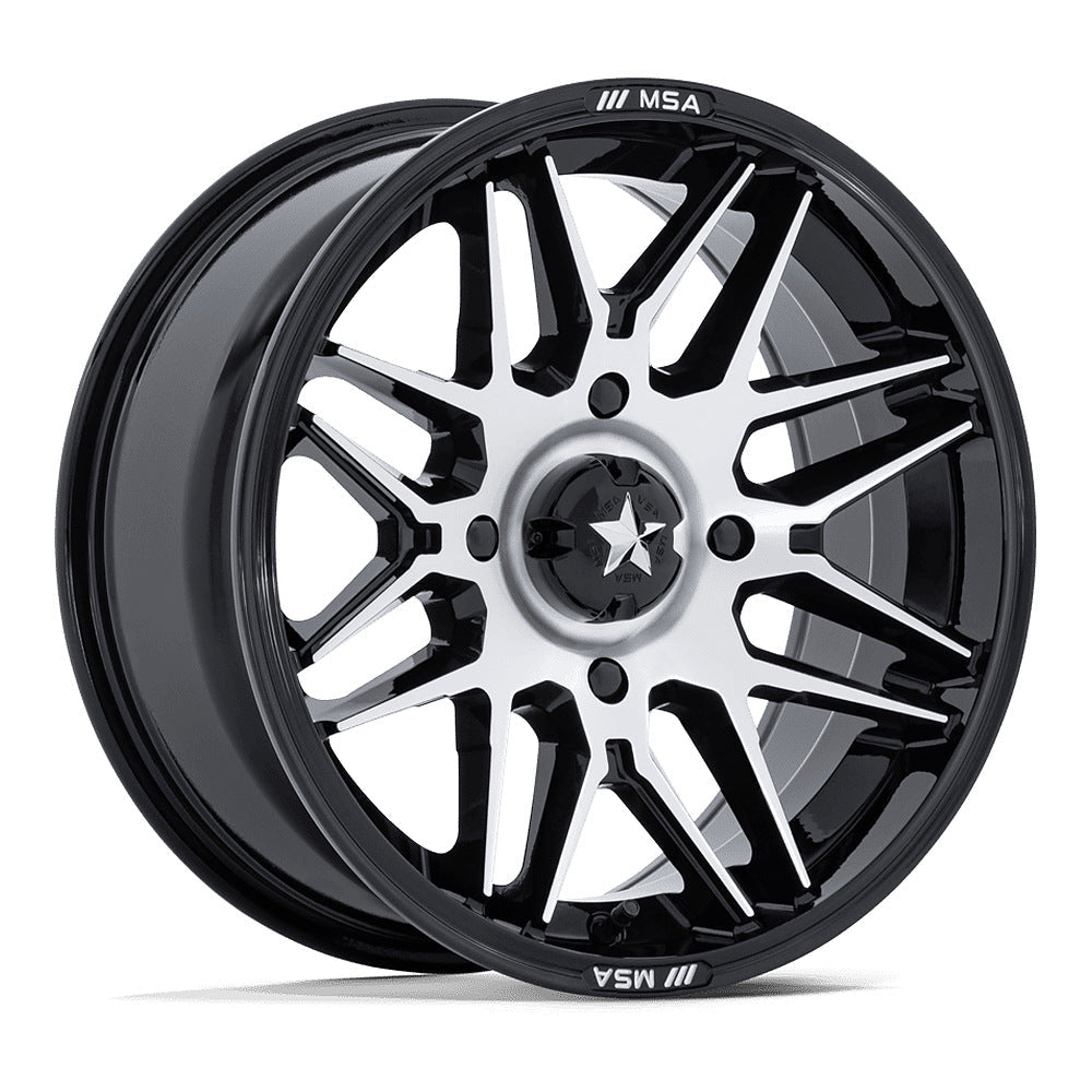 MSA Radar M52 UTV wheel in gloss black with machined face, angled front view