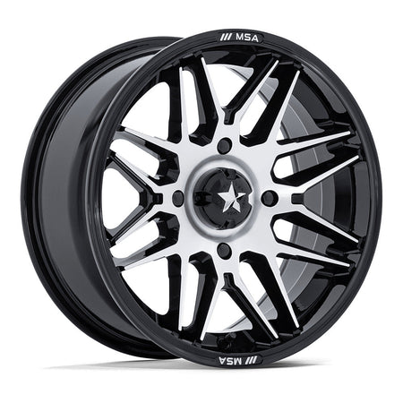 MSA Radar (M52) UTV wheel in gloss black with machined face, angled front view
