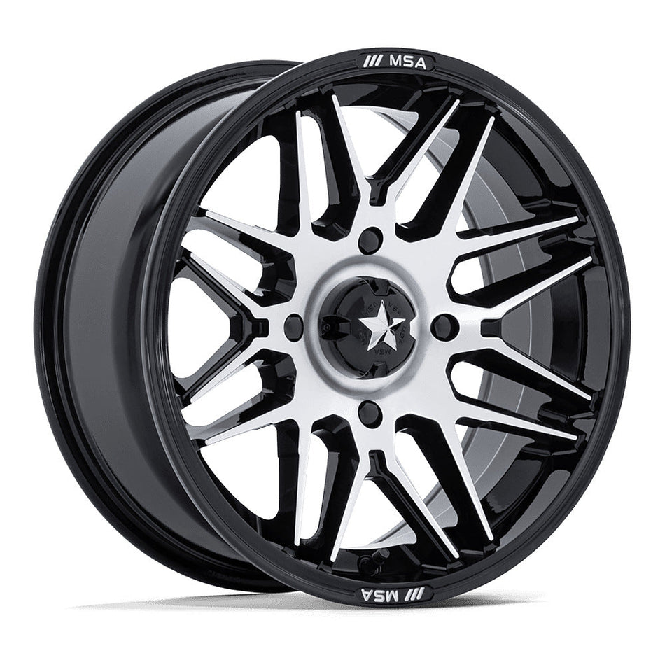 MSA Radar (M52) UTV wheel in gloss black with machined face, angled front view