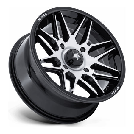 MSA Radar M52 UTV wheel in gloss black with machined face, side angle showing the barrel and lip