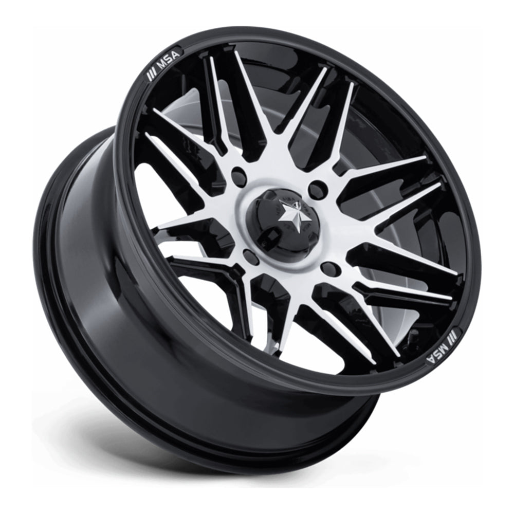 MSA Radar (M52) UTV wheel in gloss black with machined face, side angle showing the barrel and lip