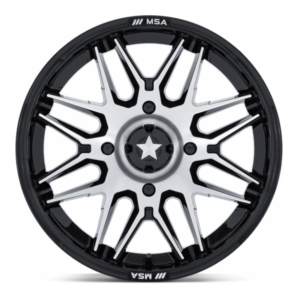 MSA Radar M52 UTV wheel in gloss black with machined face, straight-on face view