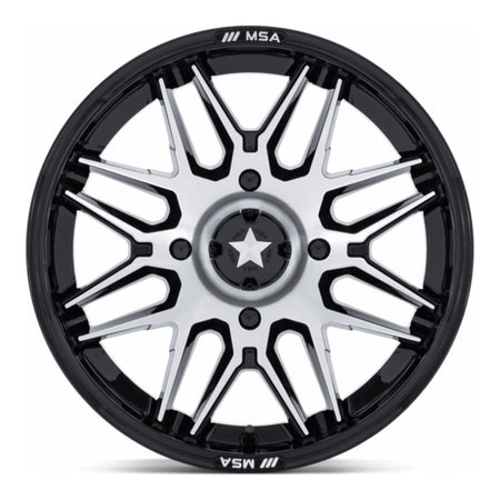 MSA Radar M52 UTV wheel in gloss black with machined face, straight-on face view