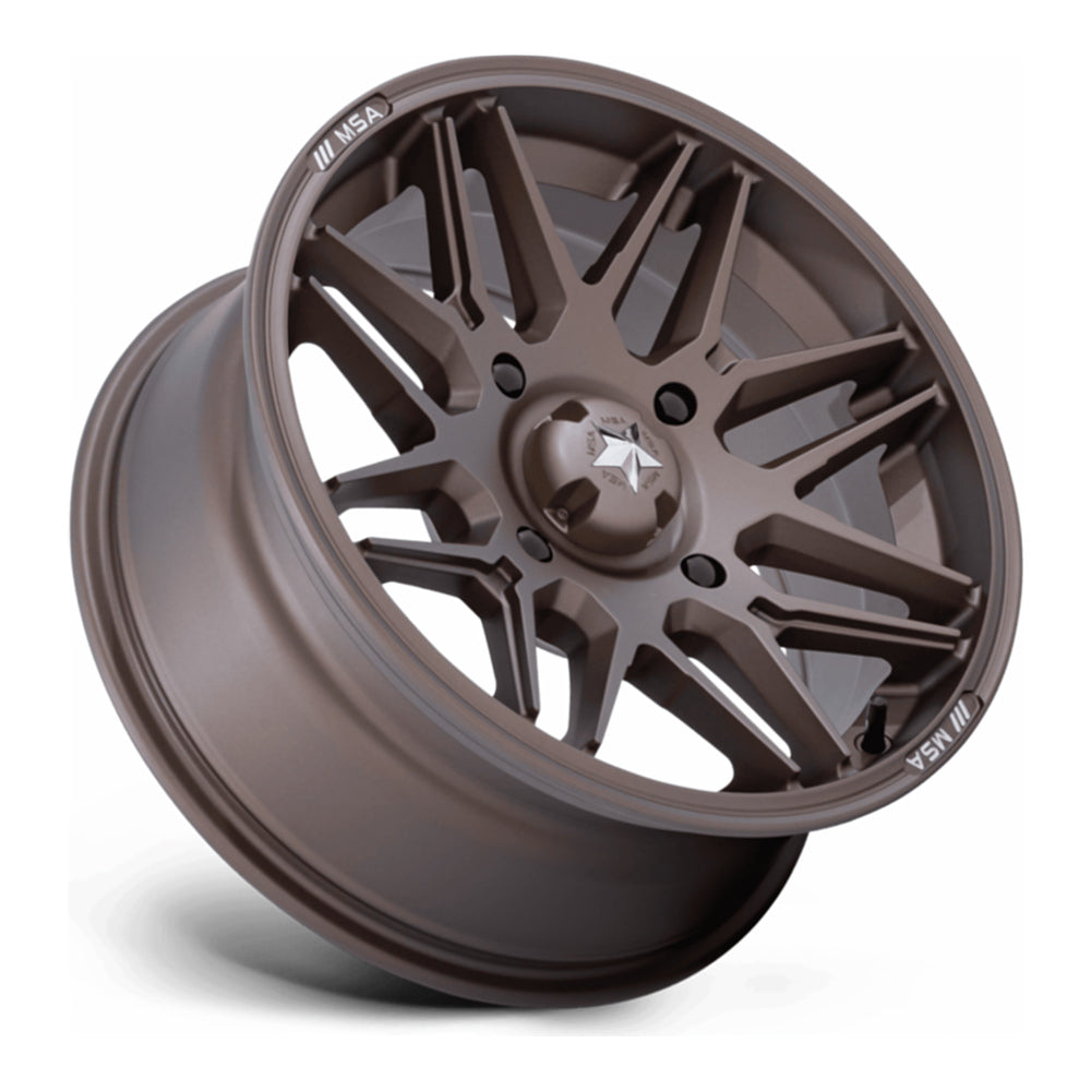 MSA Radar M52 UTV wheel in matte bronze, side angle showing the barrel and lip