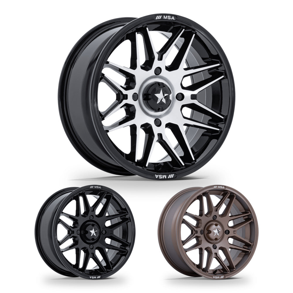 MSA Radar (M52) UTV wheel in every finish: gloss black with machined face, gloss black and matte bronze