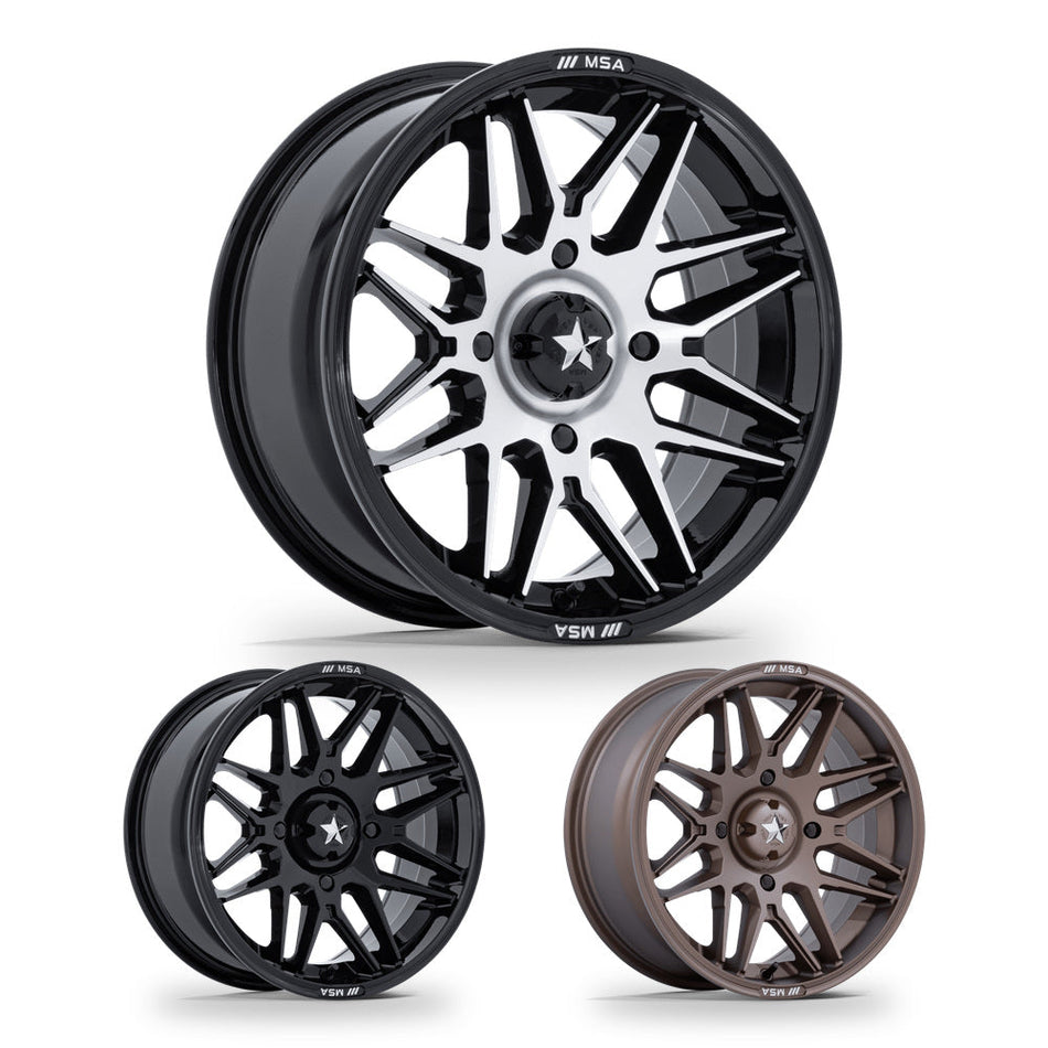 MSA Radar (M52) UTV wheel in every finish: gloss black with machined face, gloss black and matte bronze