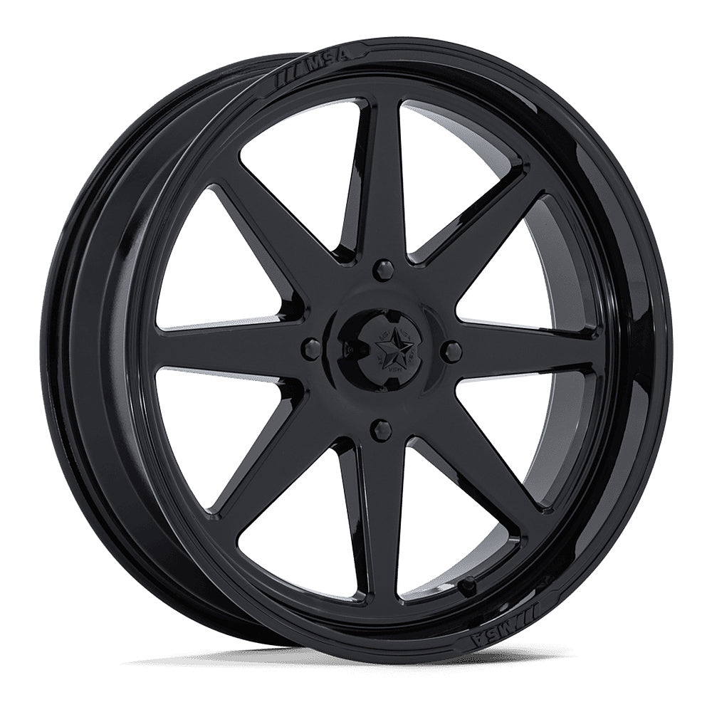MSA Spark M54 UTV wheel in gloss black, angled front view