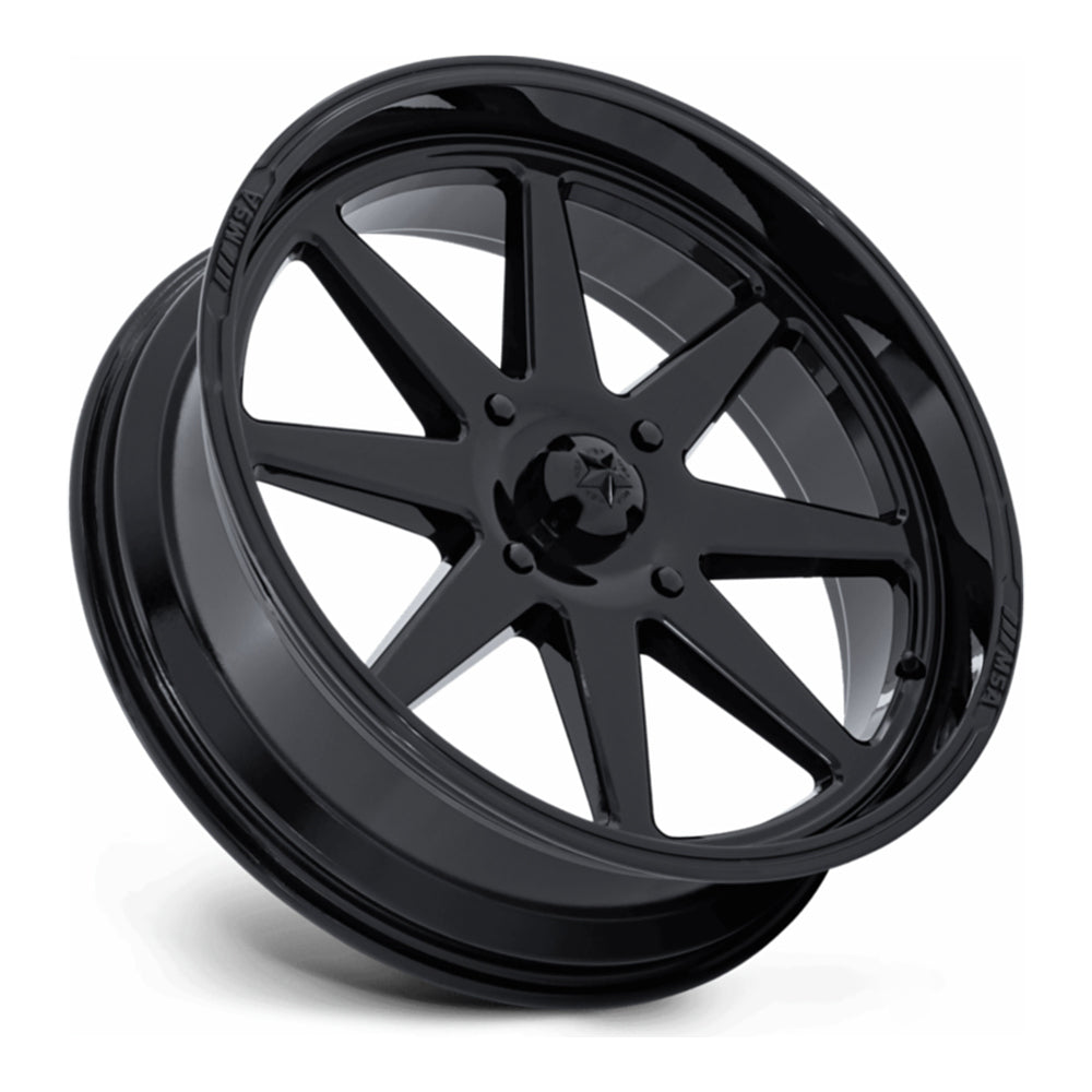 MSA Spark (M54) UTV wheel in gloss black, side angle showing the barrel and lip