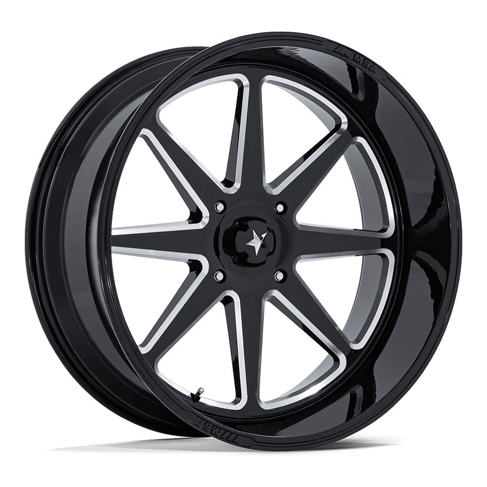 MSA Spark (M54) UTV wheel in gloss black milled, angled front view