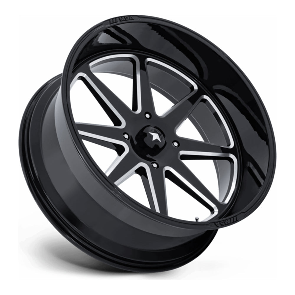 MSA Spark M54 UTV wheel in gloss black milled, side angle showing the barrel and lip