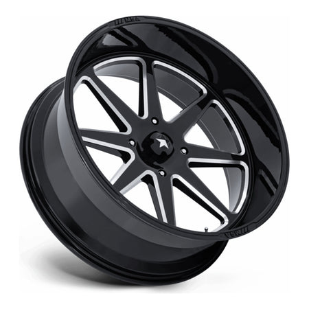 MSA Spark M54 UTV wheel in gloss black milled, side angle showing the barrel and lip