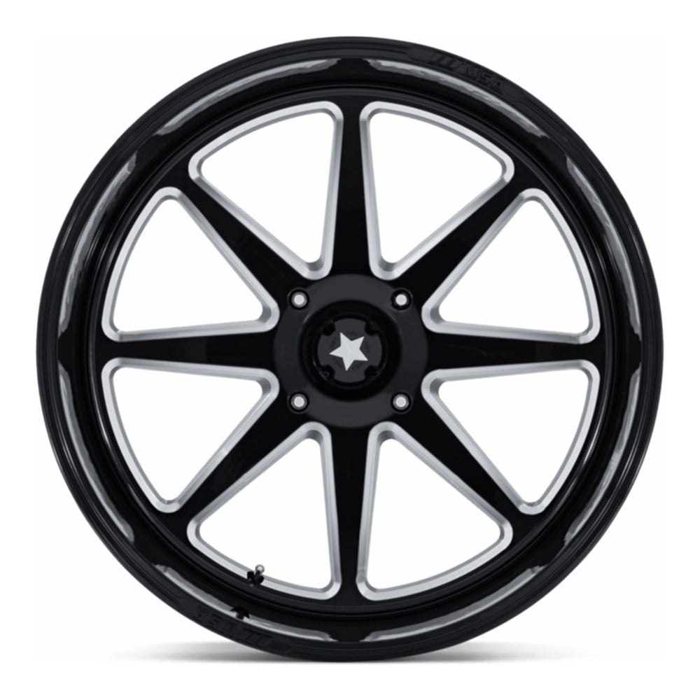 MSA Spark M54 UTV wheel in gloss black milled, straight-on face view