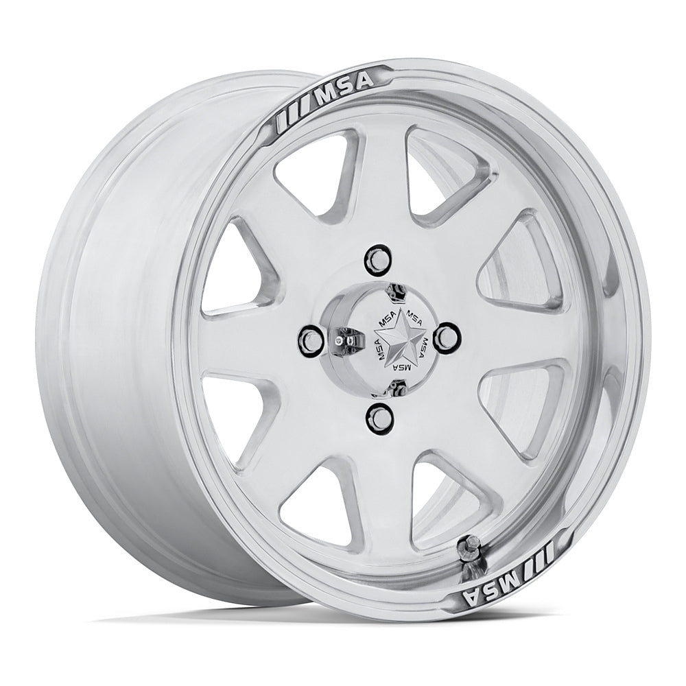 MSA Spark (M54) UTV wheel in polished, angled front view