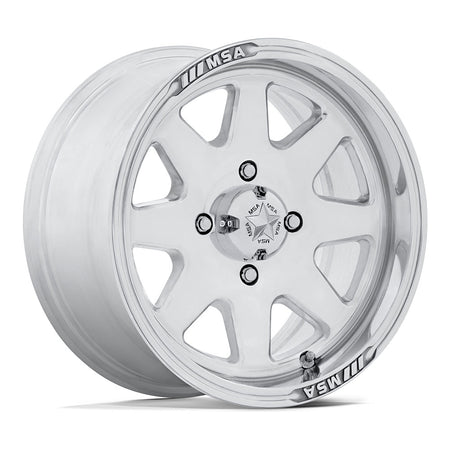 MSA Spark (M54) UTV wheel in polished, angled front view