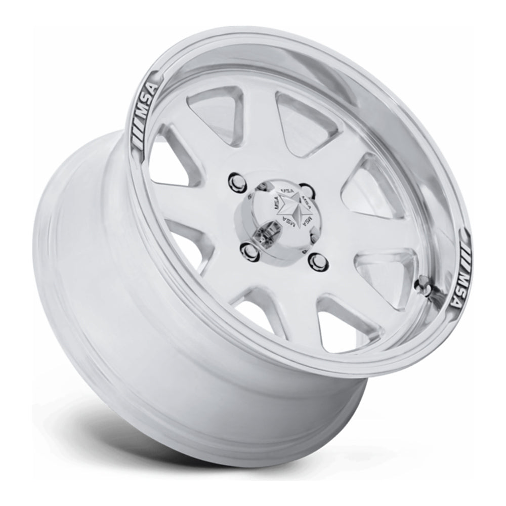 MSA Spark (M54) UTV wheel in polished, side angle showing the barrel and lip