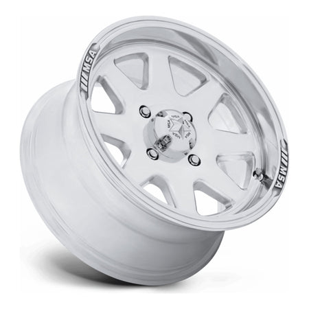 MSA Spark (M54) UTV wheel in polished, side angle showing the barrel and lip