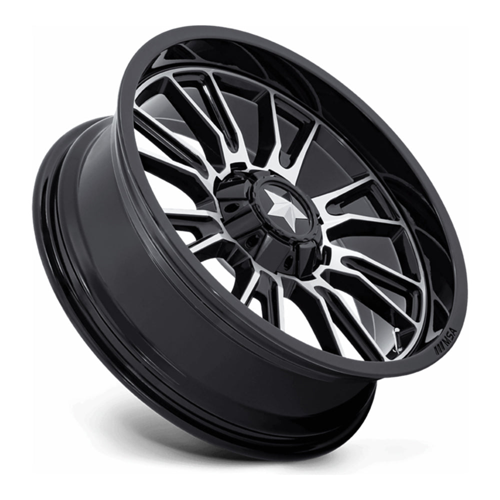 MSA Thunderlips M51 UTV wheel in gloss black machined, side angle showing the barrel and lip