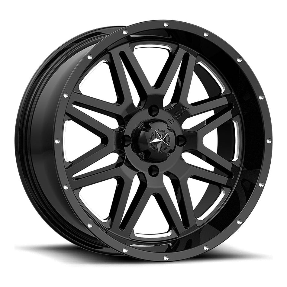 MSA Vibe (M26) UTV wheel in gloss black milled, angled front view