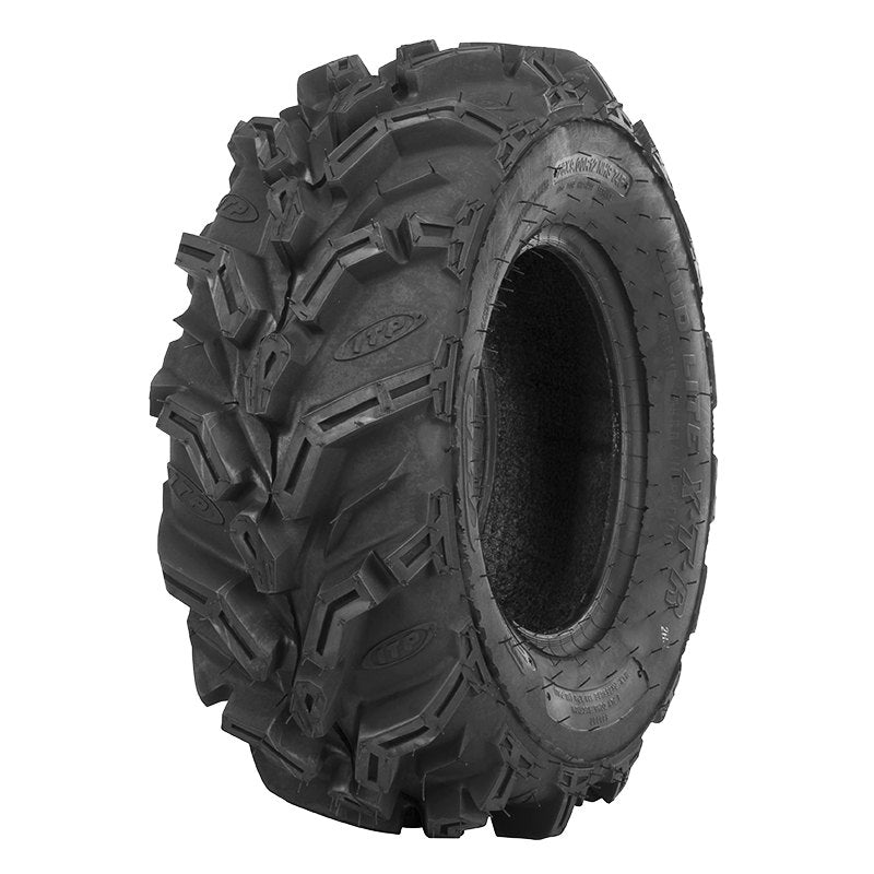 Angled view of the ITP Mud Lite XTR extreme duty 6-ply radial front tire designed for ATV and UTV applications.