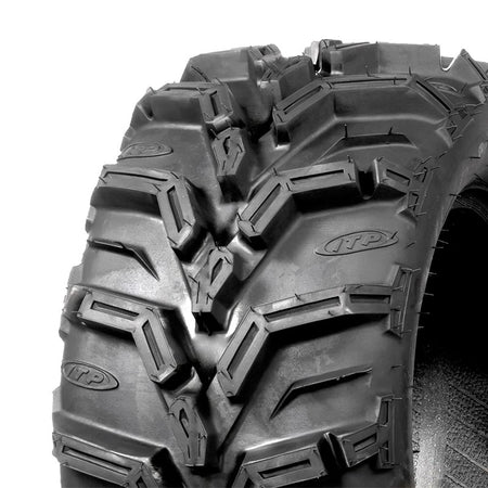 Close up view of the tread and lug pattern details of the new Mud Lite XTR radial off road UTV tire showing the lug pockets and multi-angle v-shaped directional pattern.