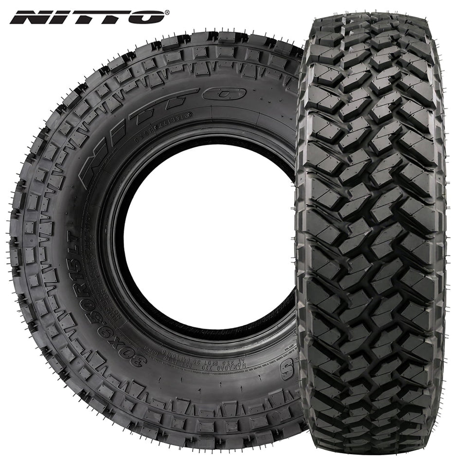 Main product image showing two different view of the Nitto Trail Grappler SXS steel belted radial lineup of UTV and SXS tires, made with premium long lasting and smooth riding segmented mold construction and high traction all-terrain lug pattern.