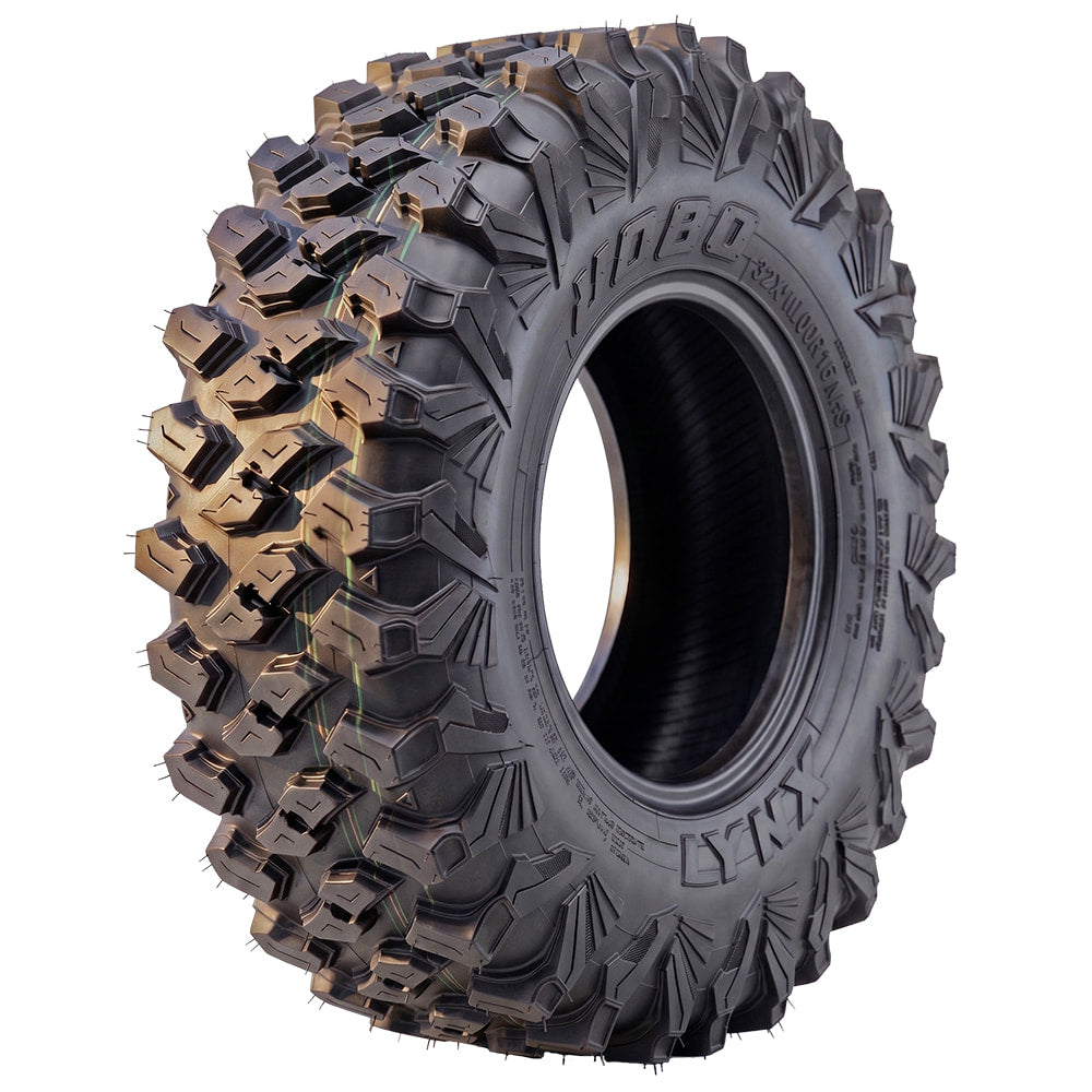 Angled view of the high performance 8-ply 32x10r15 radial OBOR LYNX tire, designed as a high traction loose terrain all-around UTV and SXS tire, with long-wearing, tough construction and offered with fast and free shipping.
