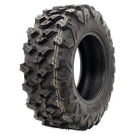 Angled view of the high performance 8-ply and 10-ply radial OBOR LYNX tire, designed as a high traction loose terrain all-around UTV and SXS tire, with long-wearing, tough construction and offered with fast and free shipping.