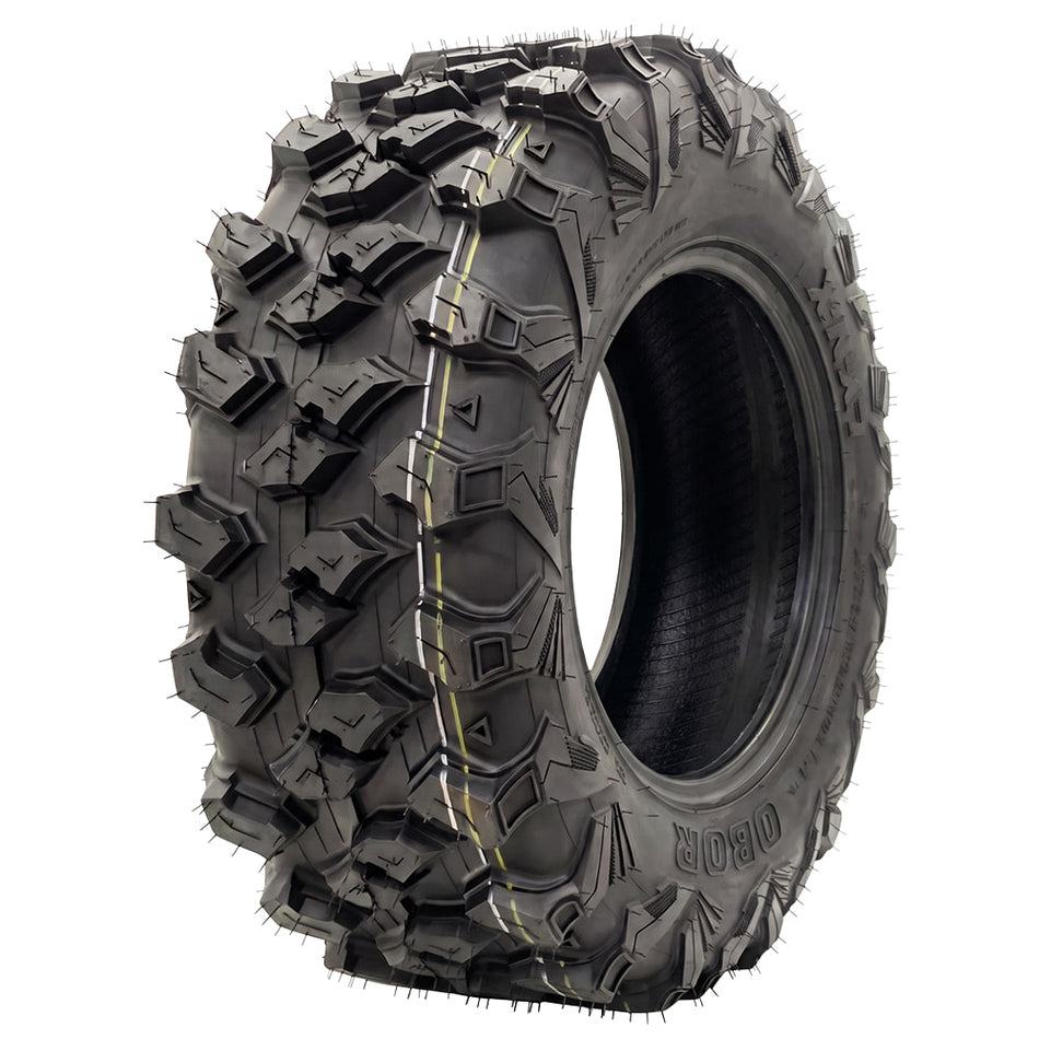 Angled view of the high performance 8-ply and 10-ply radial OBOR LYNX tire, designed as a high traction loose terrain all-around UTV and SXS tire, with long-wearing, tough construction and offered with fast and free shipping.