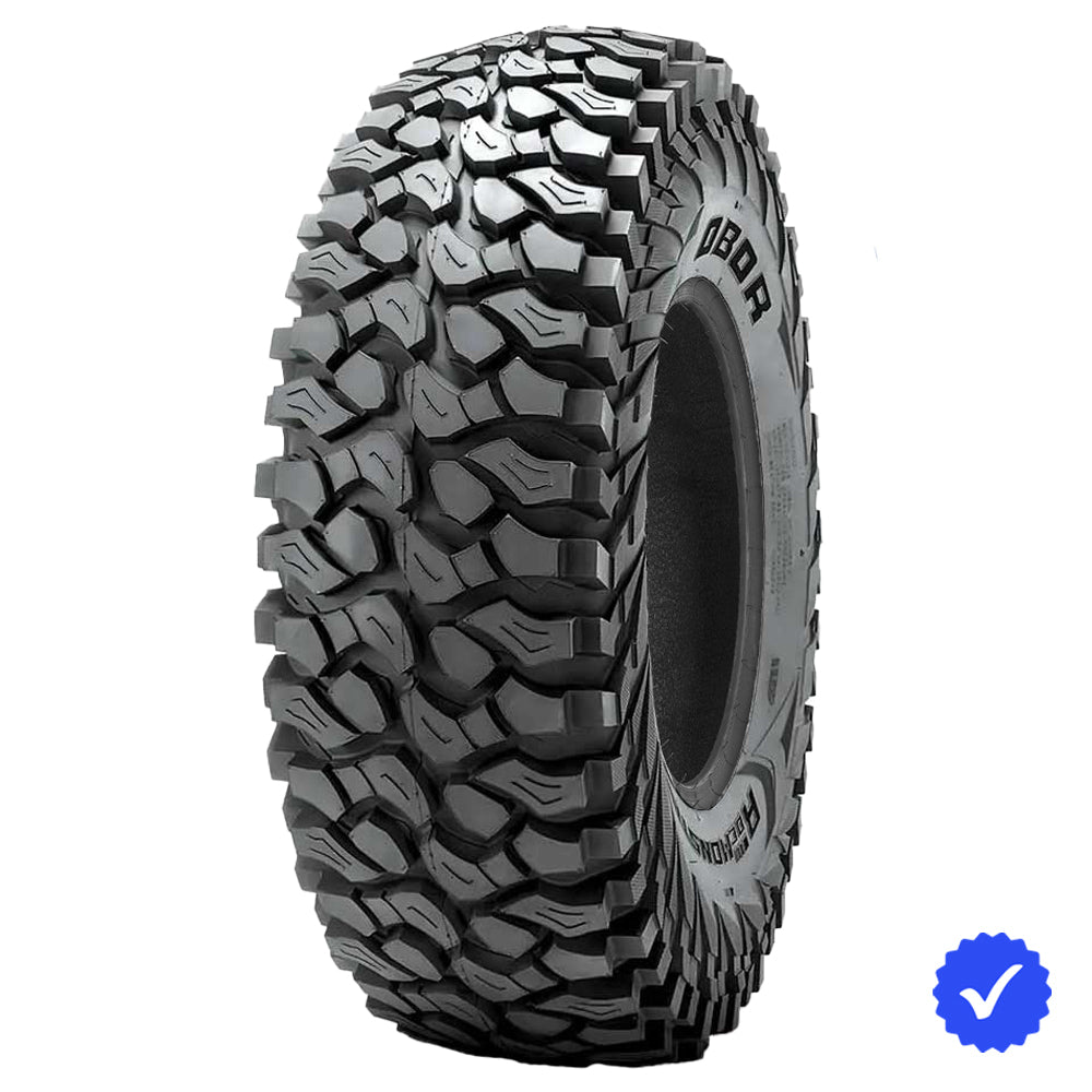 Angled view of the Obor RocScraper UTV and SXS rock tire, made with tough 8-ply radial construction and reinforced sidewalls, featuring standard and sticky competition rubber compounds, all sizes offered with fast and free shipping.