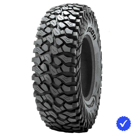 Angled view of the Obor RocScraper UTV and SXS rock tire, made with tough 8-ply radial construction and reinforced sidewalls, featuring standard and sticky competition rubber compounds, all sizes offered with fast and free shipping.