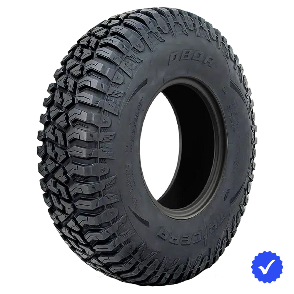 Angled view of the top quality, high performance 8-ply SBR tire by OBOR, the Tricera 8-ply Radial, designed to compete in desert, rocks, groove, and hardpack terrain, featuring uniform long-wearing, tough construction and offered with fast and free shipping.
