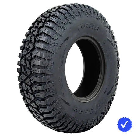 Angled view of the top quality, high performance 8-ply SBR tire by OBOR, the Tricera 8-ply Radial, designed to compete in desert, rocks, groove, and hardpack terrain, featuring uniform long-wearing, tough construction and offered with fast and free shipping.