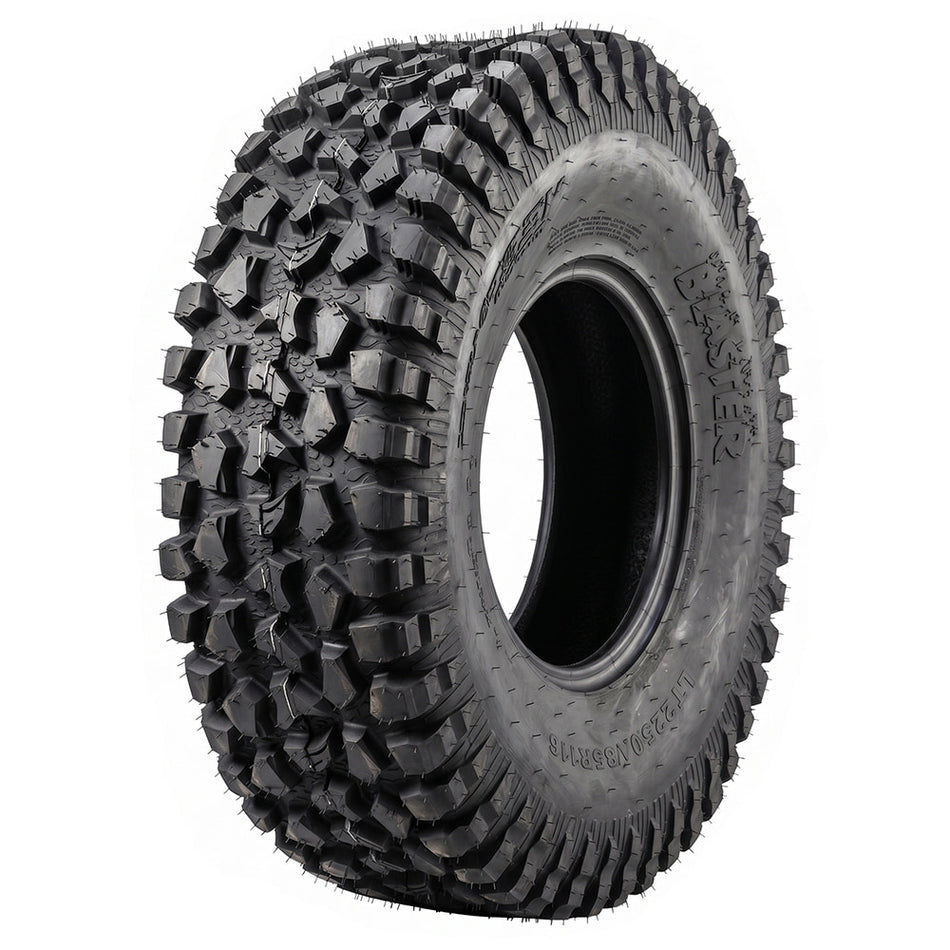 Angled view of the brand new Odyssey Force Blaster 8-ply reinforced nylon radial UTV and SXS tire, NHS rated for off road use, offered in a variety of sizes for 14" and 15" diameter rims, and all with fast and free shipping.