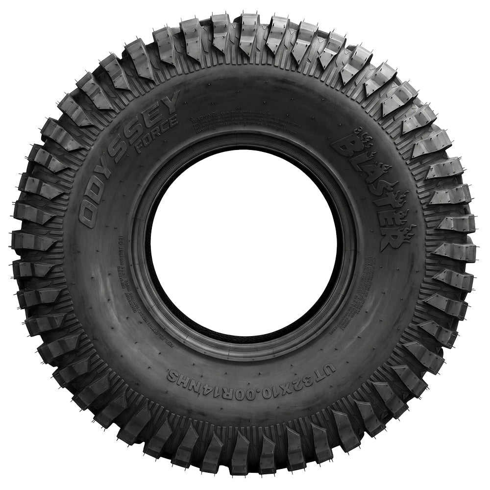 Full sidewall viewof the Odyssey Blaster UT32x10.00R14 UTV and SXS tire, showcasing the hot Blaster logo and wrap-around shoulder lugs for protection from rocks and punctures, while also promoting side traction for rocks and ruts.