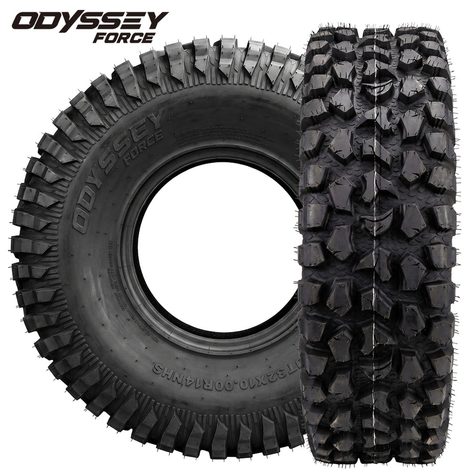 Main product listing photo of the highly capable and great value line of Odyssey Force Blaster 8-ply nylon radial UTV and SXS all-terrain tires, designed with tough sidewalls and high traction design for general trail and road riding, sold by Ride or Die Tire.