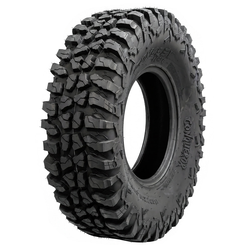 Angled view of the brand new Odyssey Force Conqueror 8-ply reinforced nylon radial UTV and SXS tire, NHS rated for off road use, offered in a variety of sizes for 14" and 15" diameter rims, and all with fast and free shipping.