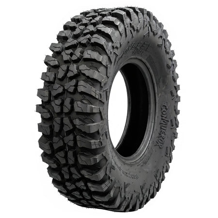 Angled view of the brand new Odyssey Force Conqueror 8-ply reinforced nylon radial UTV and SXS tire, NHS rated for off road use, offered in a variety of sizes for 14" and 15" diameter rims, and all with fast and free shipping.