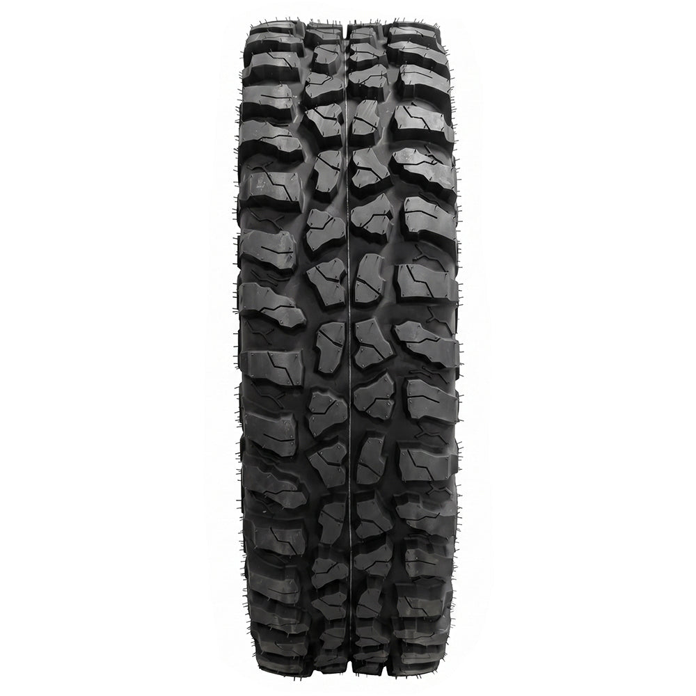 Full tread pattern design and lug detail view on the Odyssey Conqueror utv and side-by-side tire, displaying assymetrical tread blocks and aggressively spaced shoulder lug design, ensuring great cleanout and good mud and loose soil traction.
