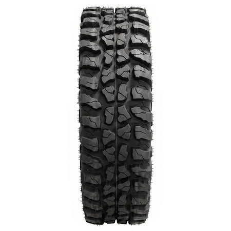 Full tread pattern design and lug detail view on the Odyssey Conqueror utv and side-by-side tire, displaying assymetrical tread blocks and aggressively spaced shoulder lug design, ensuring great cleanout and good mud and loose soil traction.