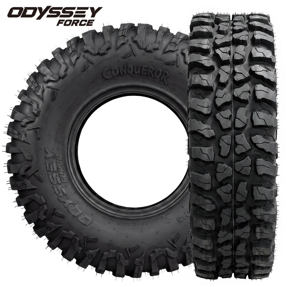 Main product listing photo of the high traction and great value Odyssey Force Conqueror 8-ply nylon radial UTV and SXS all-terrain tires, designed with tough sidewalls and great traction design for general trail and road riding, sold by Ride or Die Tire.