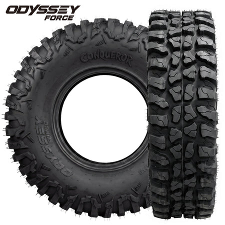 Main product listing photo of the high traction and great value Odyssey Force Conqueror 8-ply nylon radial UTV and SXS all-terrain tires, designed with tough sidewalls and great traction design for general trail and road riding, sold by Ride or Die Tire.