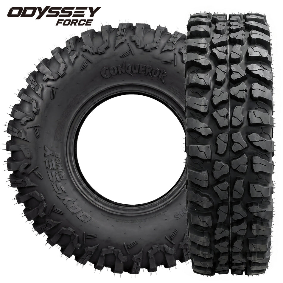 Main product listing photo of the high traction and great value Odyssey Force Conqueror 8-ply nylon radial UTV and SXS all-terrain tires, designed with tough sidewalls and great traction design for general trail and road riding, sold by Ride or Die Tire.