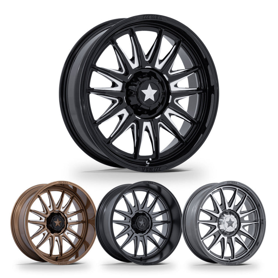 MSA Commander (M55) UTV wheel in every finish: gloss black milled, gloss bronze milled, matte gunmetal with matte black lip and platinum with machined face