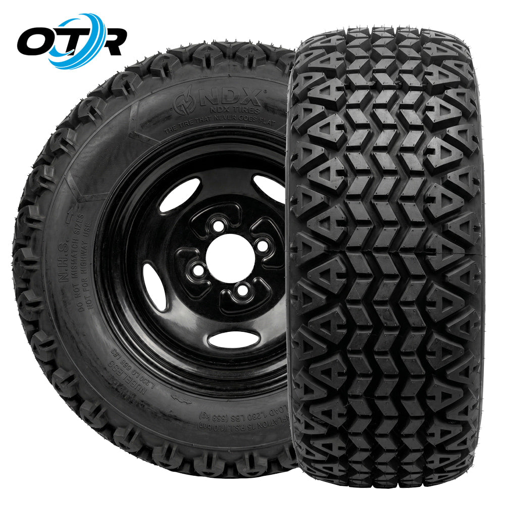 Main product photo view of the OTR 350 Mag NDX Air-less UTV, SXS, and utility tire, designed to never go flat and eliminate downtime, available in 25" and 26" overall height and all offered with fast and free shipping from Ride or Die Tire, an authorized OTR dealer.