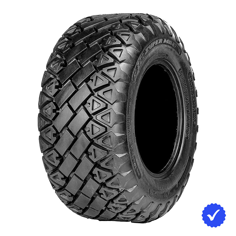 Angled view of the extra heavy duty load rating RTV and UTV 6-ply OTR 350 Super Mag tire, designed with road / hard surface friendly center lug design, for maximum tread life in high load 12" wheel applications on Kubota and other RTVs, offered with free shipping.