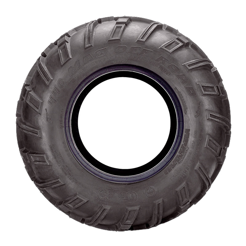 Sidewall view of the 440 MAG all-terrain directional lug design 6-ply tire by OTR.